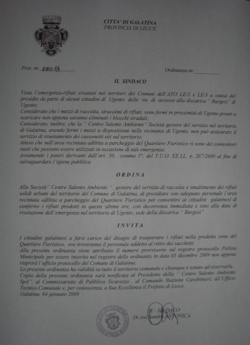 Ordinanza del sindaco di Galatina per l'emergenza rifiuti